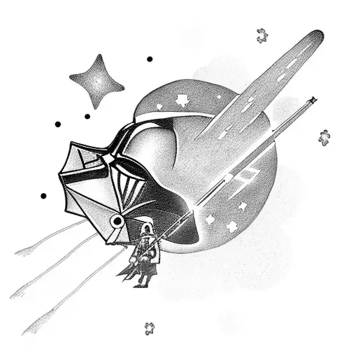 A silhouette of Darth Vader fishing in a serene night sky filled with constellations tattoo design idea