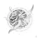 A celestial dragon flying through a cosmic landscape, inspired by League of Legends tattoo design idea