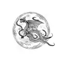 A celestial dragon flying through a cosmic landscape, inspired by League of Legends tattoo design idea