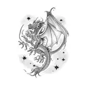 A celestial dragon flying through a cosmic landscape, inspired by League of Legends tattoo design idea