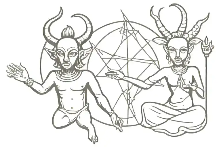 couples tattoo of baphomet and buddha tattoo design idea
