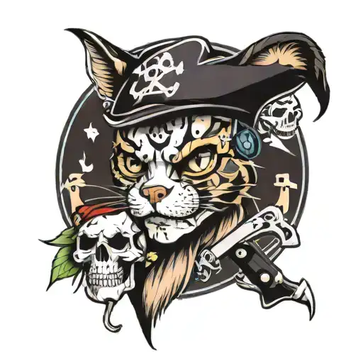 cat and skull pirates tattoo design idea