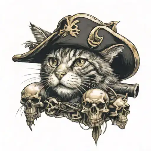 cat and skull pirates tattoo design idea