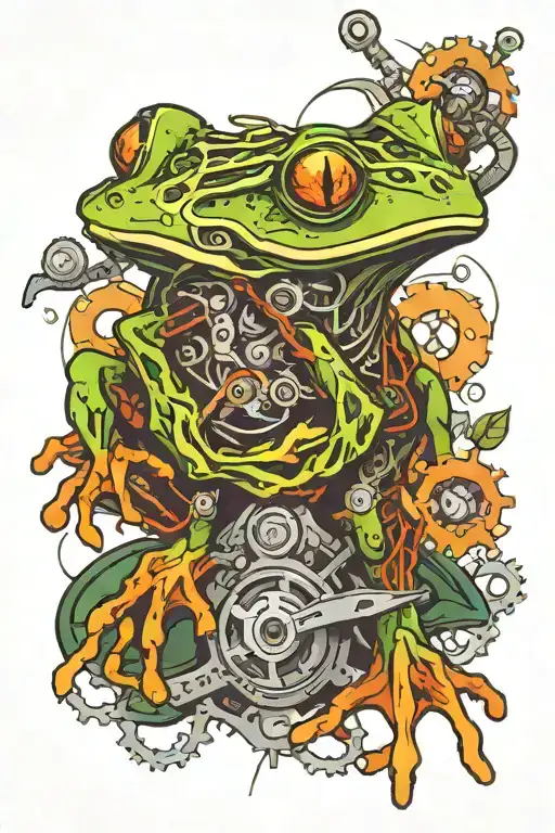 A detailed illustration of a frog with mechanical parts symbolizing its killer instinct in a neotraditional style tattoo design idea
