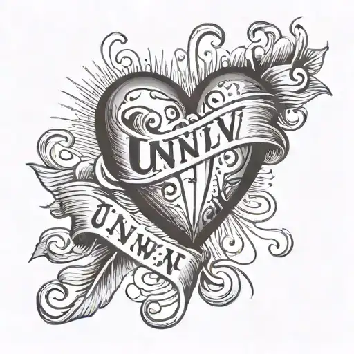 heart with the inscription UNNV, wrapped with thread and a needle tattoo design idea