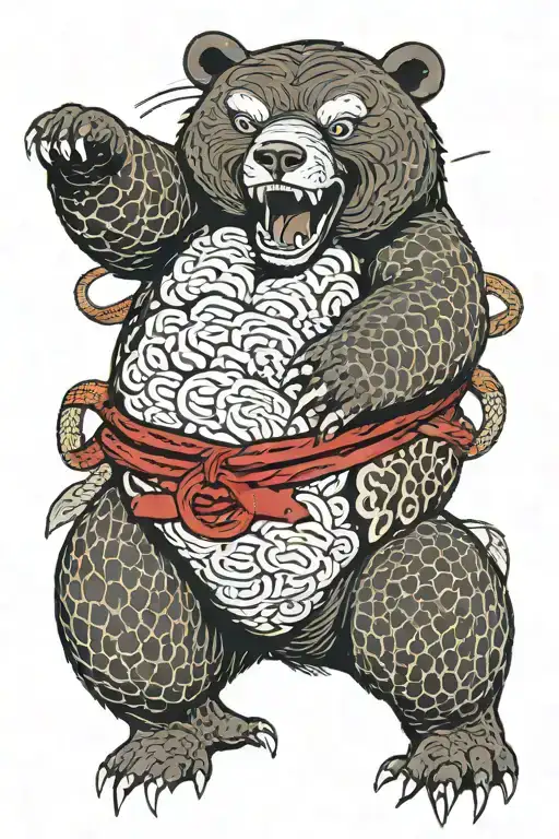 A bear and gigant snake are fighting, they both wear a judo belt around there waists  tattoo design idea