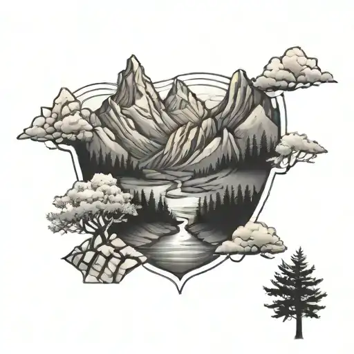 mountain range with stream  tattoo design idea