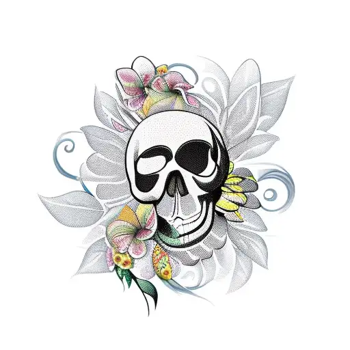 bird paradise flower wrapping around and through skull tattoo design idea