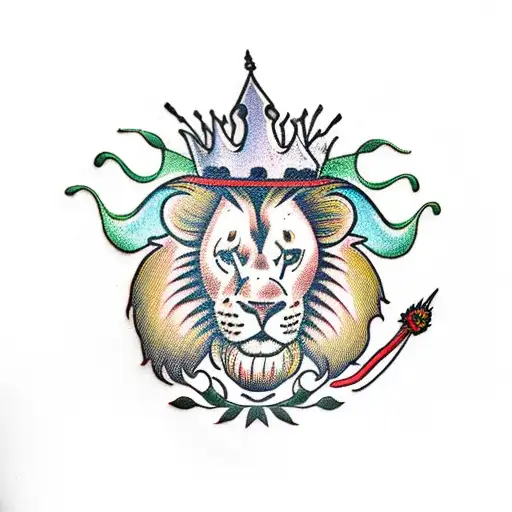 flower stem with firecracker, princess hat, and lion head as flowers tattoo design idea