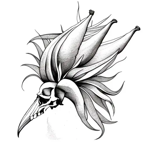 bird of paradise with skull and bird of paradise flower sprouting from the back tattoo design idea