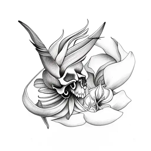 bird skull with bird of paradise flower tattoo design idea