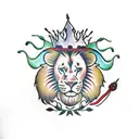 flower stem with firecracker, princess hat, and lion head as flowers tattoo design idea