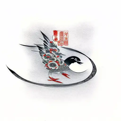 bird in flight in Japanese style tattoo design idea