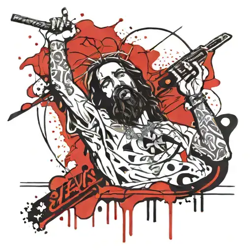 A black and white sketch of a tattoo in the style of a thrash polka. The tattoo depicts Jesus hanging full-length on a c tattoo design idea