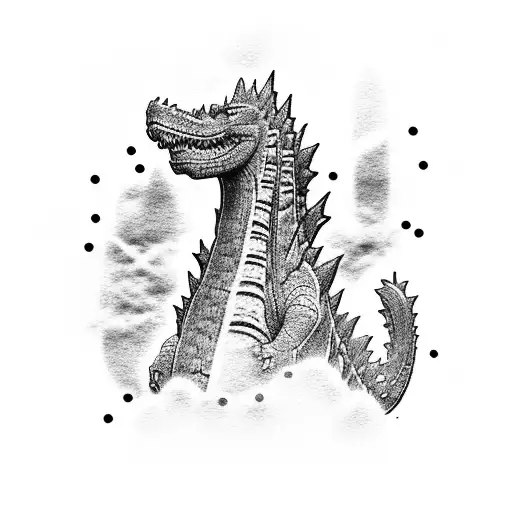 A dotwork tattoo of Godzilla surrounded by lines of code and binary numbers tattoo design idea