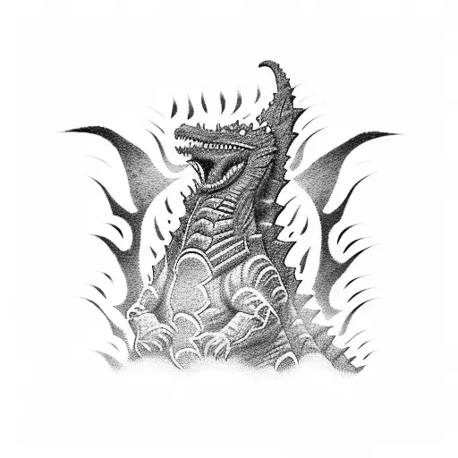 A dotwork tattoo of Godzilla surrounded by lines of code and binary numbers tattoo design idea