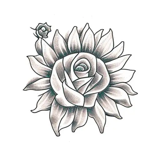 sunflower surrounded by roses tattoo design idea