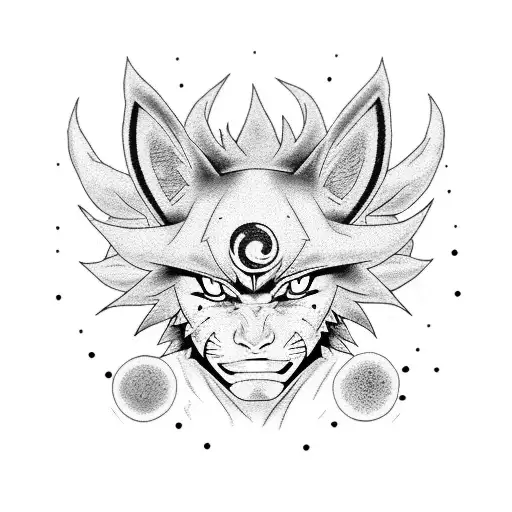 Create a dotwork tattoo featuring Naruto and Kurama in a powerful and dynamic pose, surrounded by their respective symbols tattoo design idea