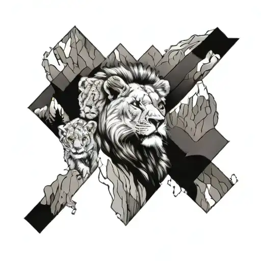 lion cubs mountains in the background tattoo design idea