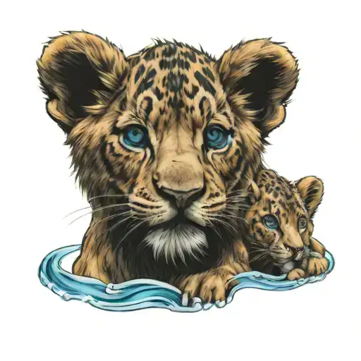 2 lion cubs with blue eyes mountain peeks in the background and water near tattoo design idea