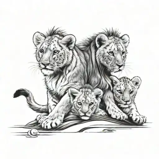 2 lion cubs with blue eyes mountain peeks in the background and water near tattoo design idea