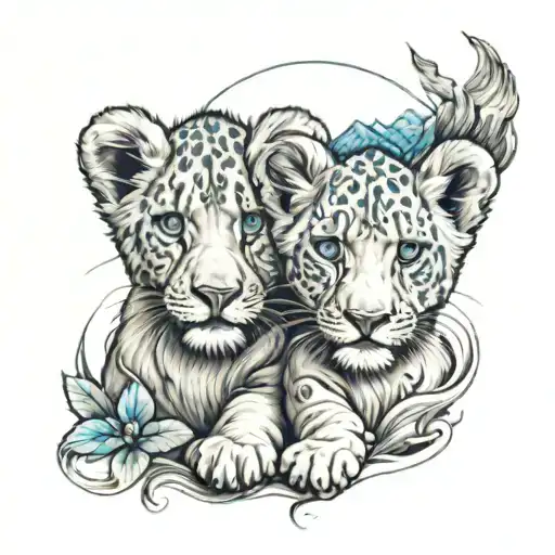 2 lion cubs with blue eyes mountain peeks in the background and water near tattoo design idea