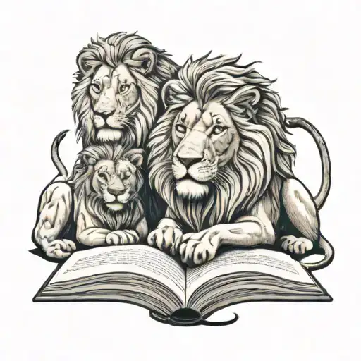 A lion family reading books together in a cozy library setting tattoo design idea