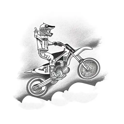 A new-school style tattoo of a motocross bike jumping over a traditional Catholic church tattoo design idea