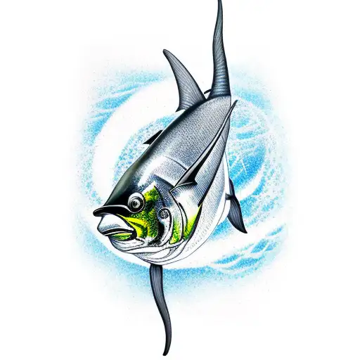 A realistic tattoo of a yellowfin tuna swimming through a field of stars tattoo design idea
