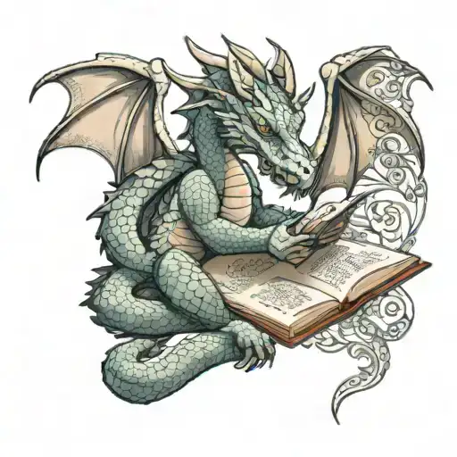 A dragon curled up reading a book, with crochet patterns decorating its scales tattoo design idea