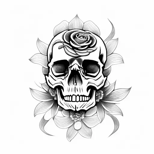skull, snake, and flowers tattoo design idea