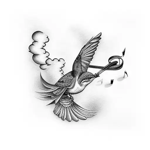mockingbirds flying with music notes and clouds tattoo design idea