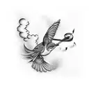mockingbirds flying with music notes and clouds tattoo design idea