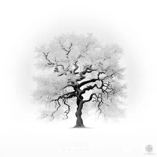 oak tree which has one dead half vertically tattoo design idea
