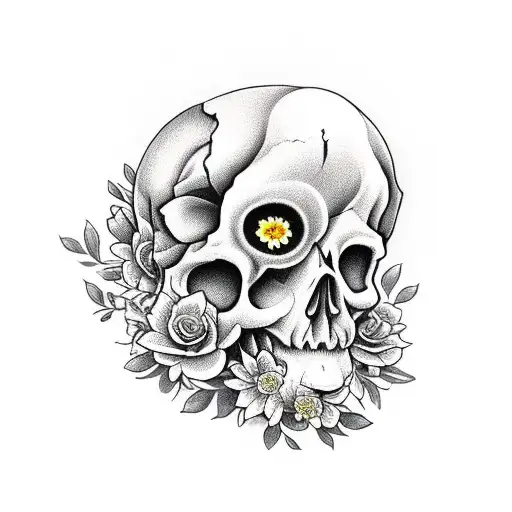 Cat skull with flowers coming out of its interior tattoo design idea