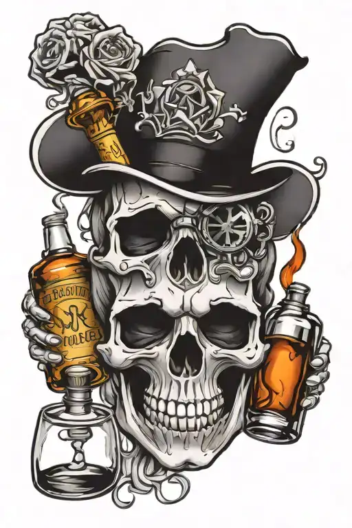 skull and alcohol bottle tattoo design idea