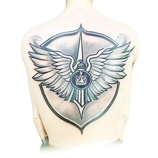 A blackwork tattoo of a vintage police motorcycle with wings, symbolizing freedom tattoo design idea