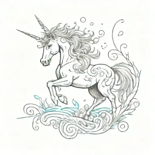 A whimsical unicorn frolicking in a magical water garden tattoo design idea