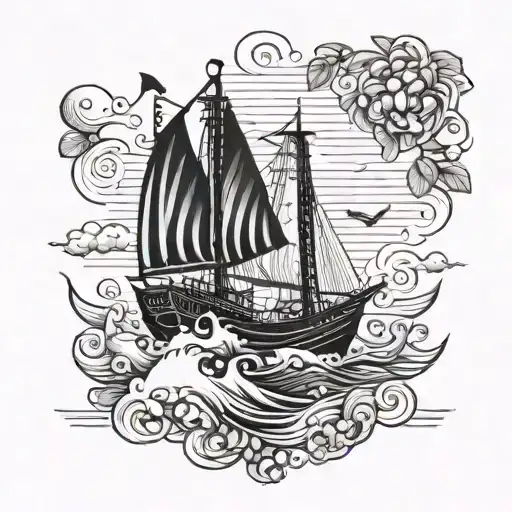 A traditional Vietnamese junk boat sailing in a sea of coffee beans tattoo design idea
