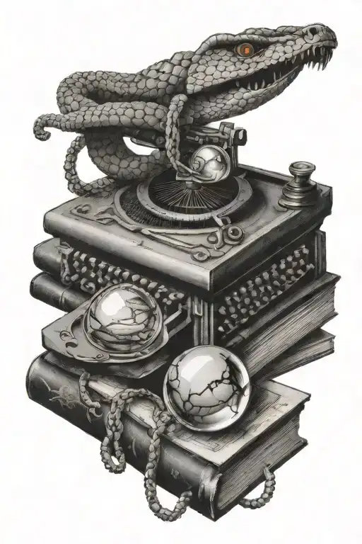 typewriter stacked on books hand wrapped by snake holding crystal ball tattoo design idea