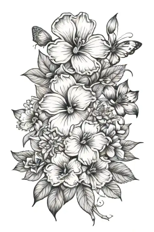 Primrose, Cosmo's, Mum's, violets bouquet tattoo design idea
