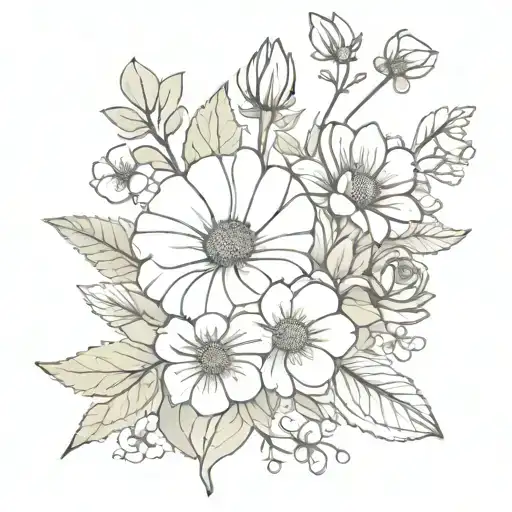 Bouquet with prim roses, cosmos, violets, and chrysanthemums  tattoo design idea