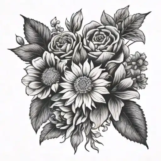 Bouquet with prim roses, cosmos, violets, and chrysanthemums  tattoo design idea