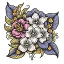 Primrose, Cosmo's, Mum's, violets bouquet tattoo design idea