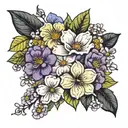 Primrose, Cosmo's, Mum's, violets bouquet tattoo design idea