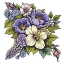 Primrose, Cosmo's, Mum's, violets bouquet tattoo design idea