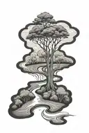 2 lane road going straight with trees and water incorporated in a V sort of shape  tattoo design idea