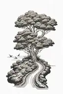 2 lane road going straight with trees and water incorporated in a V sort of shape  tattoo design idea