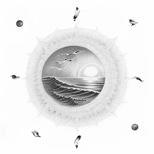 A captivating portrayal of a sun setting behind distant hills, casting a warm glow over the ocean waves, with birds soaring overhead in a symbolic representation of hope and new beginnings tattoo design idea