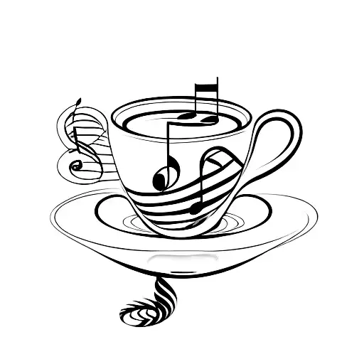 A minimalist tattoo of a coffee cup and a perfume bottle forming a unique musical instrument. tattoo design idea